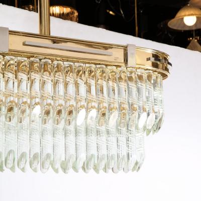 Mid Century Modernist Oval Form Two Tier Brass Nickel Cut Crystal Chandelier