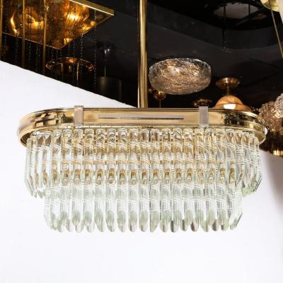 Mid Century Modernist Oval Form Two Tier Brass Nickel Cut Crystal Chandelier