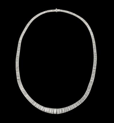 Mid Century Modernist Platinum and 388 Baguette Cut Graduated Diamond Necklace