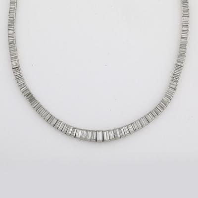 Mid Century Modernist Platinum and 388 Baguette Cut Graduated Diamond Necklace