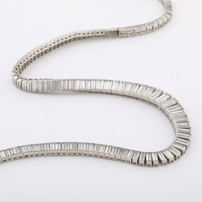 Mid Century Modernist Platinum and 388 Baguette Cut Graduated Diamond Necklace