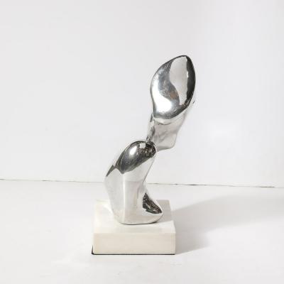 Mid Century Modernist Polished Aluminum Abstract Sculpture on Marble Base Signed