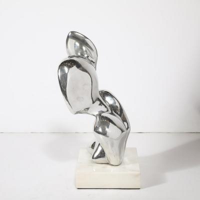 Mid Century Modernist Polished Aluminum Abstract Sculpture on Marble Base Signed