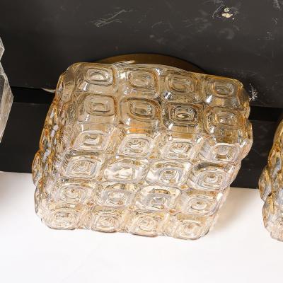 Mid Century Modernist Pressed Amber Glass Geometric Flush Mount Chandeliers