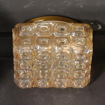 Mid Century Modernist Pressed Amber Glass Geometric Flush Mount Chandeliers