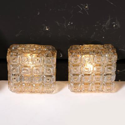 Mid Century Modernist Pressed Amber Glass Geometric Flush Mount Chandeliers