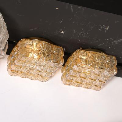 Mid Century Modernist Pressed Amber Glass Geometric Flush Mount Chandeliers