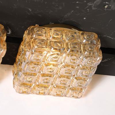 Mid Century Modernist Pressed Amber Glass Geometric Flush Mount Chandeliers