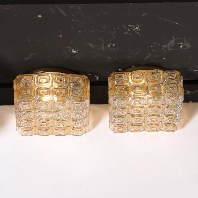 Mid Century Modernist Pressed Amber Glass Geometric Flush Mount Chandeliers