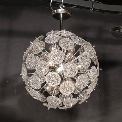 Mid Century Modernist Pressed Glass Disc Sputnik Chandelier w Nickel Fittings