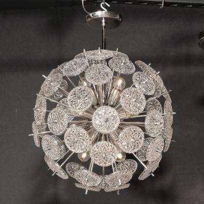 Mid Century Modernist Pressed Glass Disc Sputnik Chandelier w Nickel Fittings