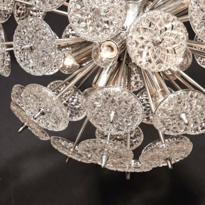 Mid Century Modernist Pressed Glass Disc Sputnik Chandelier w Nickel Fittings