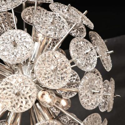 Mid Century Modernist Pressed Glass Disc Sputnik Chandelier w Nickel Fittings