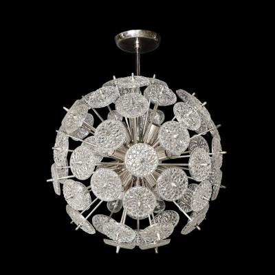 Mid Century Modernist Pressed Glass Disc Sputnik Chandelier w Nickel Fittings