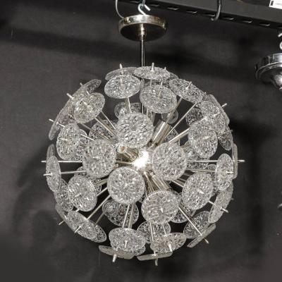 Mid Century Modernist Pressed Glass Disc Sputnik Chandelier w Nickel Fittings