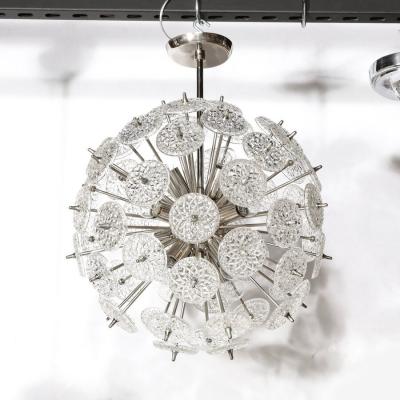 Mid Century Modernist Pressed Glass Disc Sputnik Chandelier w Nickel Fittings