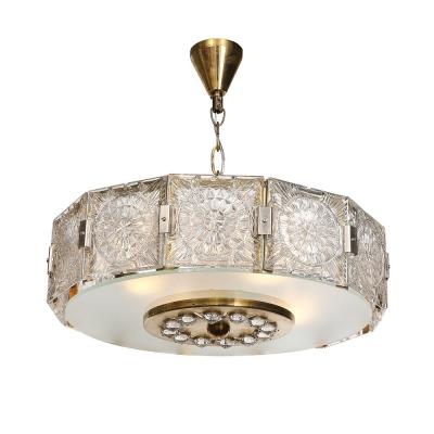 Mid Century Modernist Pressed Glass Pendant Chandelier W Frosted Diffuser