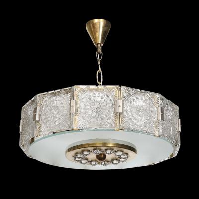 Mid Century Modernist Pressed Glass Pendant Chandelier W Frosted Diffuser