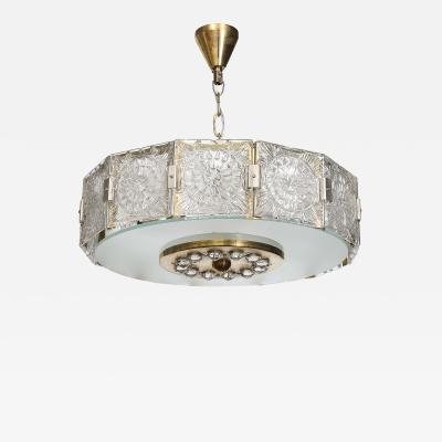 Mid Century Modernist Pressed Glass Pendant Chandelier W Frosted Diffuser