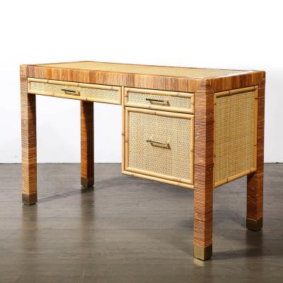 Mid Century Modernist Rattan Bamboo Wrapped Desk signed Bielecky Brothers