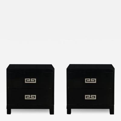 Mid Century Modernist Rectilinear Nightstands in Black Lacquer with Greek Pulls