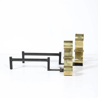 Mid Century Modernist Scroll Form Andirons in Polished Brass