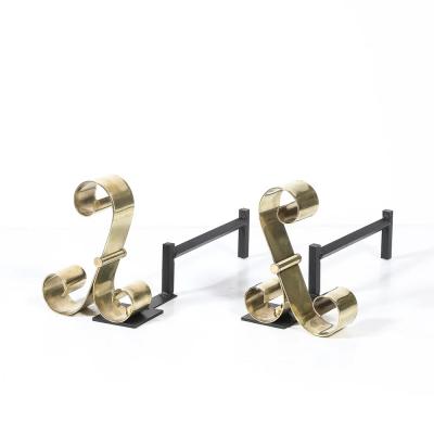 Mid Century Modernist Scroll Form Andirons in Polished Brass