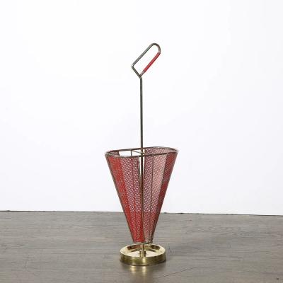 Mid Century Modernist Sculptural Brass Carnelian Red Enamel Umbrella Stand