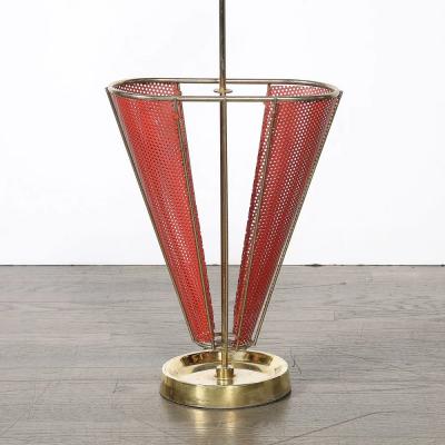 Mid Century Modernist Sculptural Brass Carnelian Red Enamel Umbrella Stand