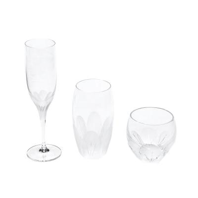 Mid Century Modernist Sevres Primavera Pattern Cut Crystal Glassware Set