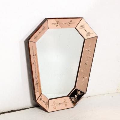 Mid Century Modernist Shadowbox Mirror with Reversed Etching in Smoked Rose