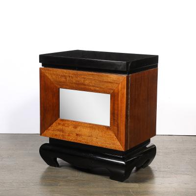Mid Century Modernist Shadowbox Mirrored Front Walnut Black Lacquer End Table