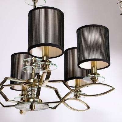 Mid Century Modernist Six Arm Chandelier in Brass Glass Antiqued Mirror