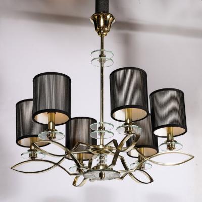 Mid Century Modernist Six Arm Chandelier in Brass Glass Antiqued Mirror