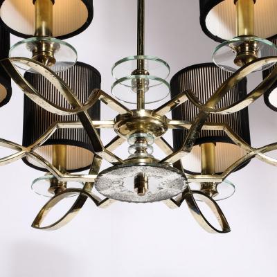 Mid Century Modernist Six Arm Chandelier in Brass Glass Antiqued Mirror