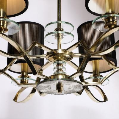 Mid Century Modernist Six Arm Chandelier in Brass Glass Antiqued Mirror