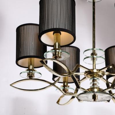 Mid Century Modernist Six Arm Chandelier in Brass Glass Antiqued Mirror