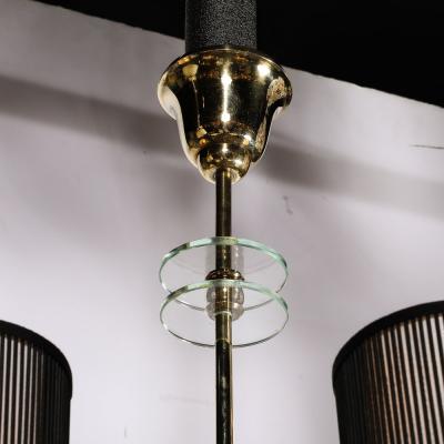 Mid Century Modernist Six Arm Chandelier in Brass Glass Antiqued Mirror