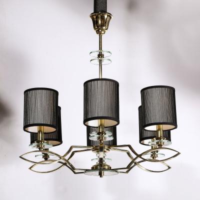 Mid Century Modernist Six Arm Chandelier in Brass Glass Antiqued Mirror