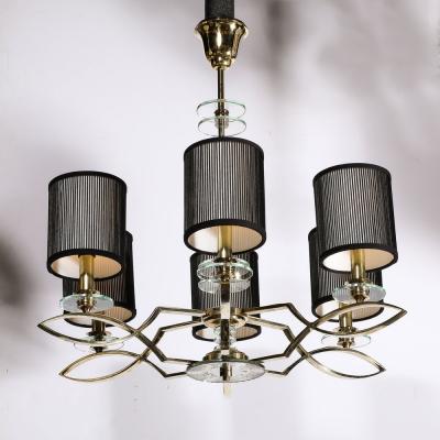 Mid Century Modernist Six Arm Chandelier in Brass Glass Antiqued Mirror