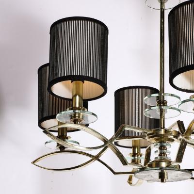 Mid Century Modernist Six Arm Chandelier in Brass Glass Antiqued Mirror