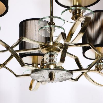 Mid Century Modernist Six Arm Chandelier in Brass Glass Antiqued Mirror