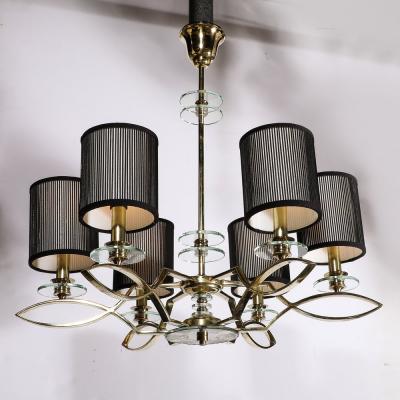 Mid Century Modernist Six Arm Chandelier in Brass Glass Antiqued Mirror