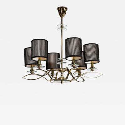 Mid Century Modernist Six Arm Chandelier in Brass Glass Antiqued Mirror