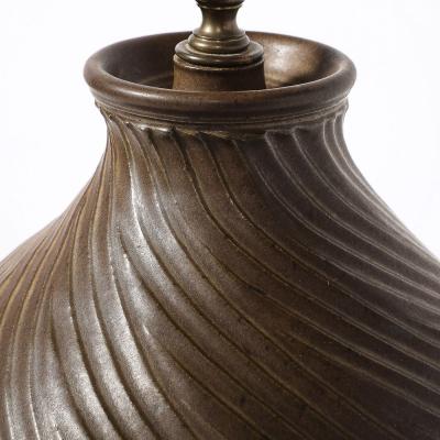 Mid Century Modernist Spiral Grooved Table Lamp in Burnt Umber Ceramic