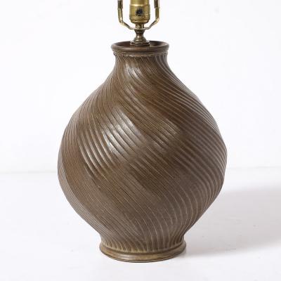 Mid Century Modernist Spiral Grooved Table Lamp in Burnt Umber Ceramic