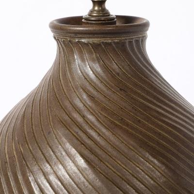 Mid Century Modernist Spiral Grooved Table Lamp in Burnt Umber Ceramic