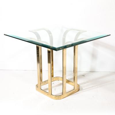 Mid Century Modernist Stylized Tulip Form Banded Brass Dining Table w Glass Top