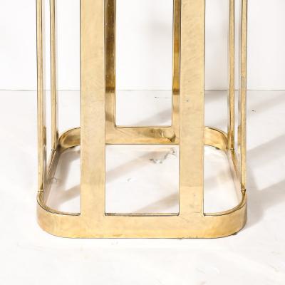 Mid Century Modernist Stylized Tulip Form Banded Brass Dining Table w Glass Top