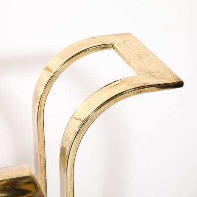 Mid Century Modernist Stylized Tulip Form Banded Brass Dining Table w Glass Top